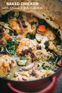 Baked Chicken with Spinach and Artichokes – Chicken, spinach and artichokes come together in this delicious, one-pot recipe.