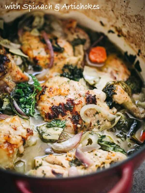Baked Chicken with Spinach and Artichokes – Chicken, spinach and artichokes come together in this delicious, one-pot recipe.