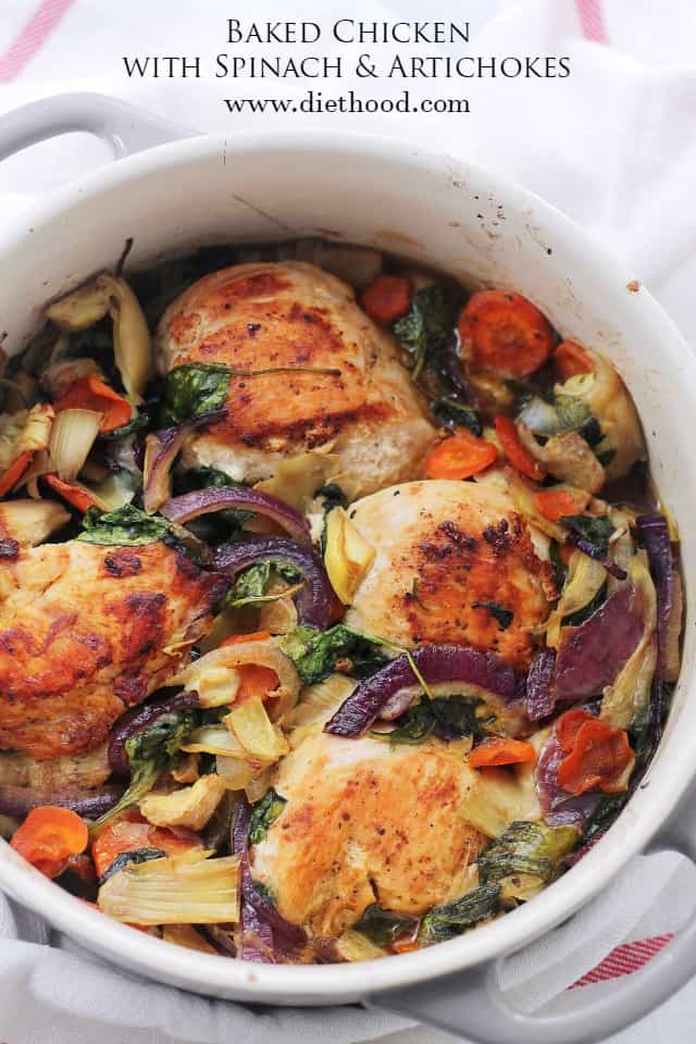 Baked Chicken with Spinach and Artichokes | www.diethood.com | Chicken, spinach and artichokes come together in this delicious, one-pot recipe.