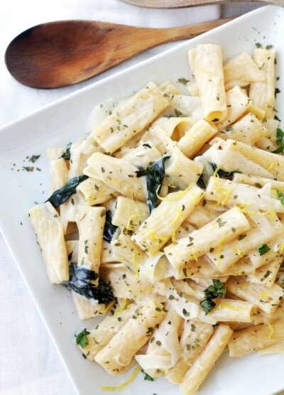 A square white plate filled with Creamy Lemon Pasta