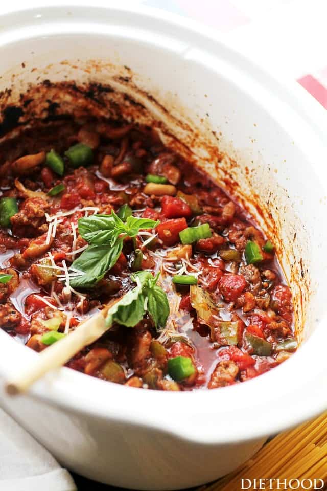 Close up photo of Spaghetti Sauce Italiano in a crock pot.