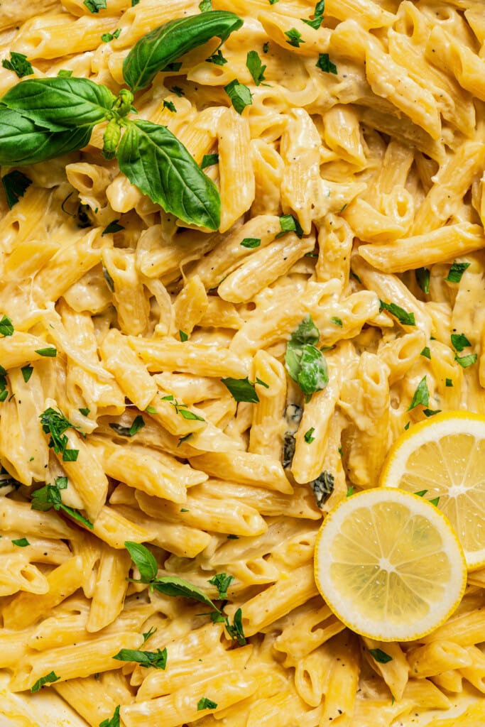 Close-up of texture for lemon pasta recipe with fresh parsley. 