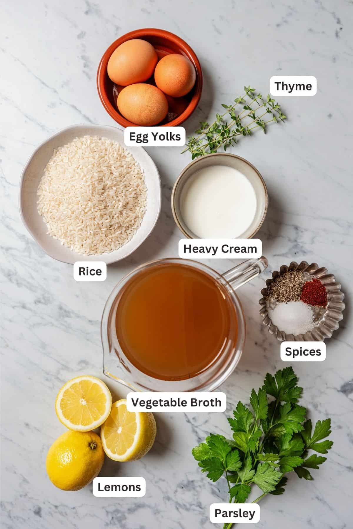 Ingredients for lemon rice soup with text labels overlaying each ingredient.