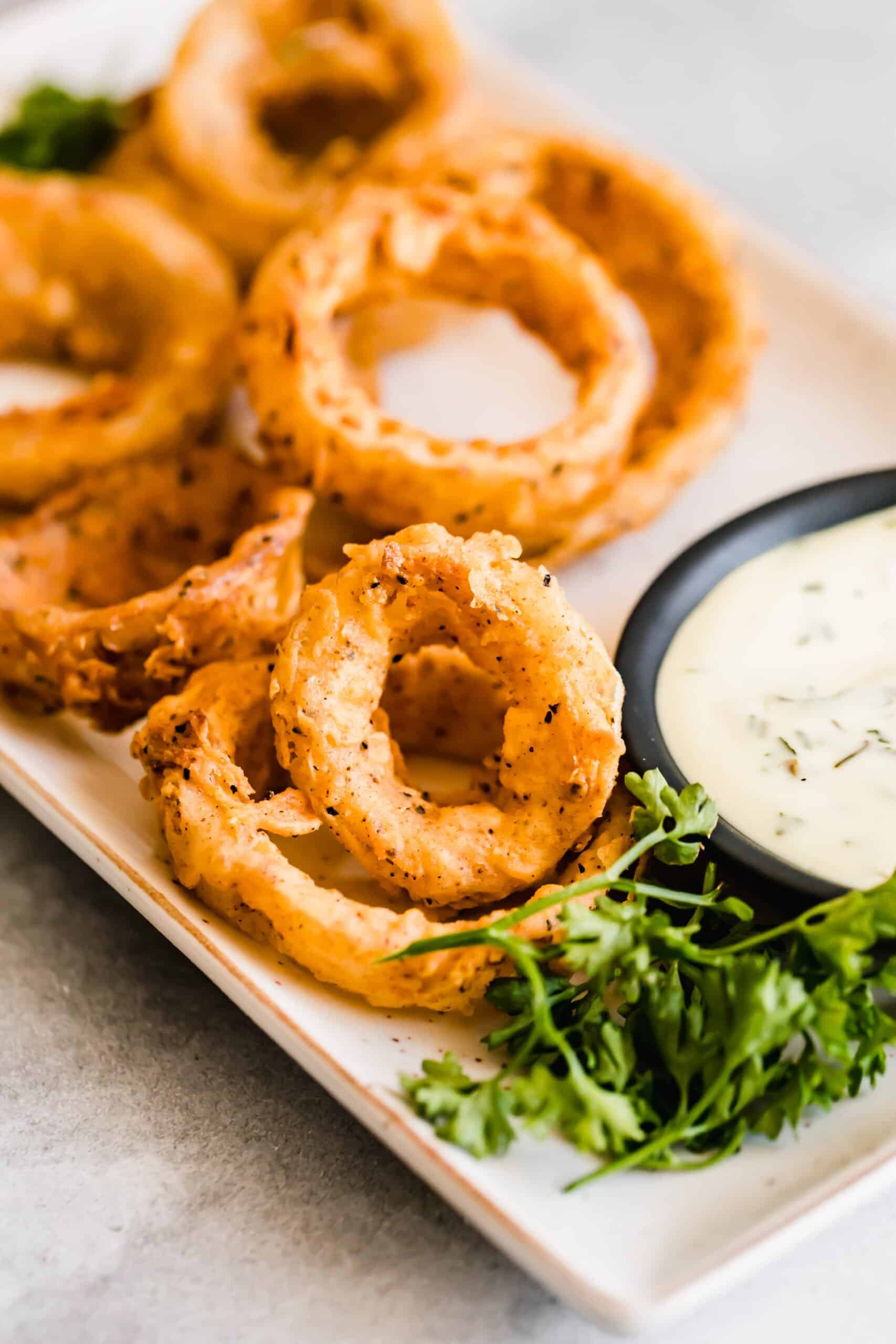 Plate of onion rings with dip.