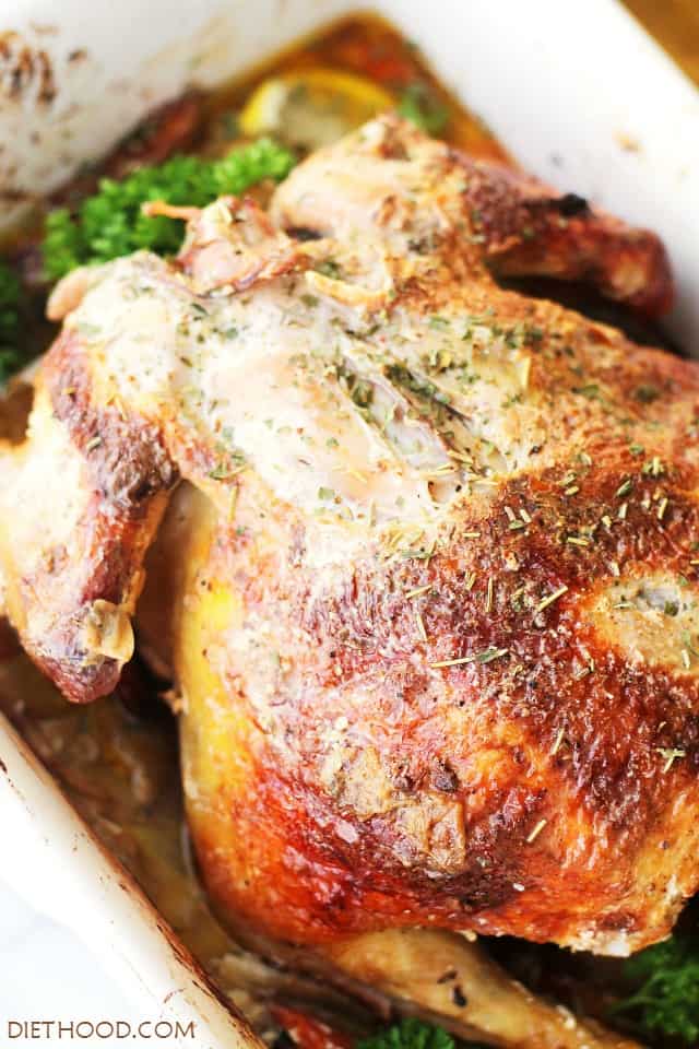 Roasted Chicken in a baking dish.