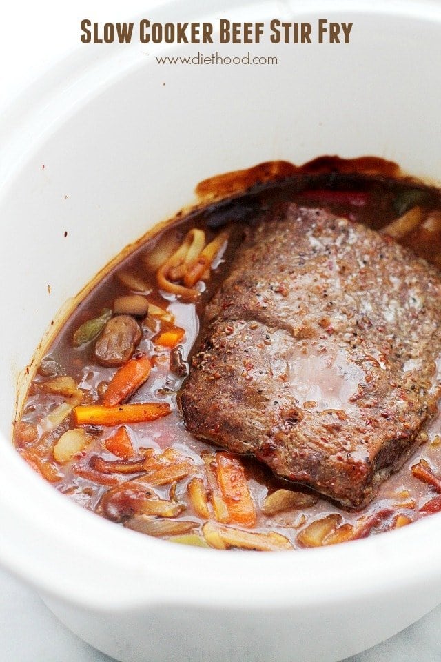 Slow Cooker Beef Stir Fry | www.diethood.com | Flavorful beef stir-fry with peppers, onions, mushrooms and McCormick's Stir Fry Skillet Sauce. An easy and absolutely delicious meal simmered in the crock pot.