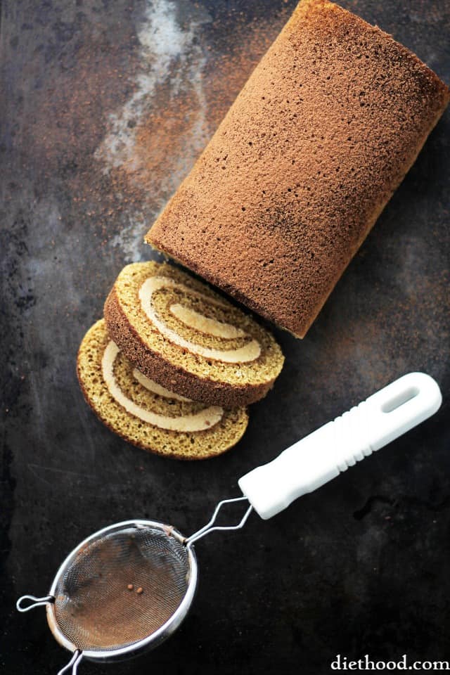 Tiramisu Cake Roll | www.diethood.com | Espresso flavored cake sponge brushed with a coffee-liqueur syrup and filled with a Mascarpone Cheese Whipped Cream.