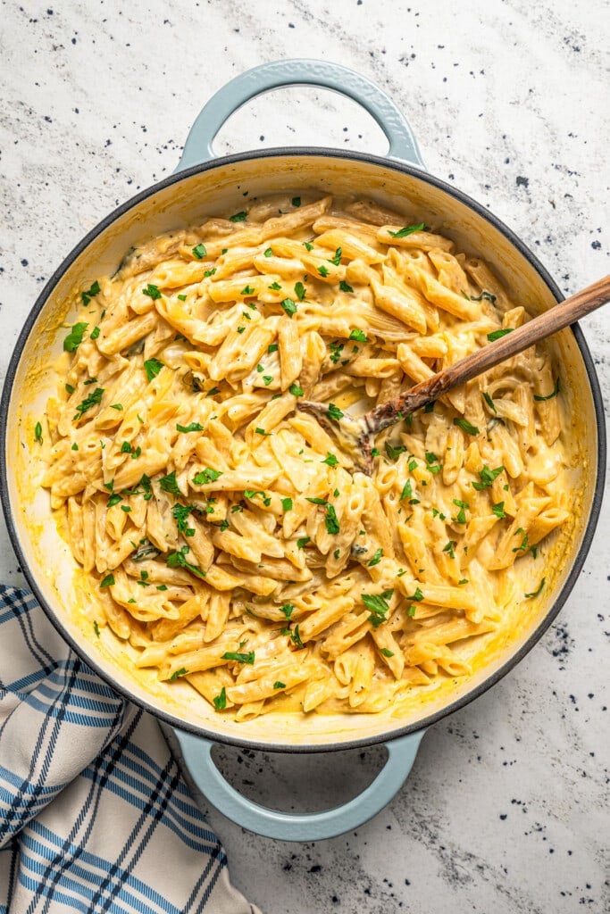 Pasta with the melted cheese sauce in the pot.