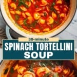 Spinach tortellini soup Pinterest image.
