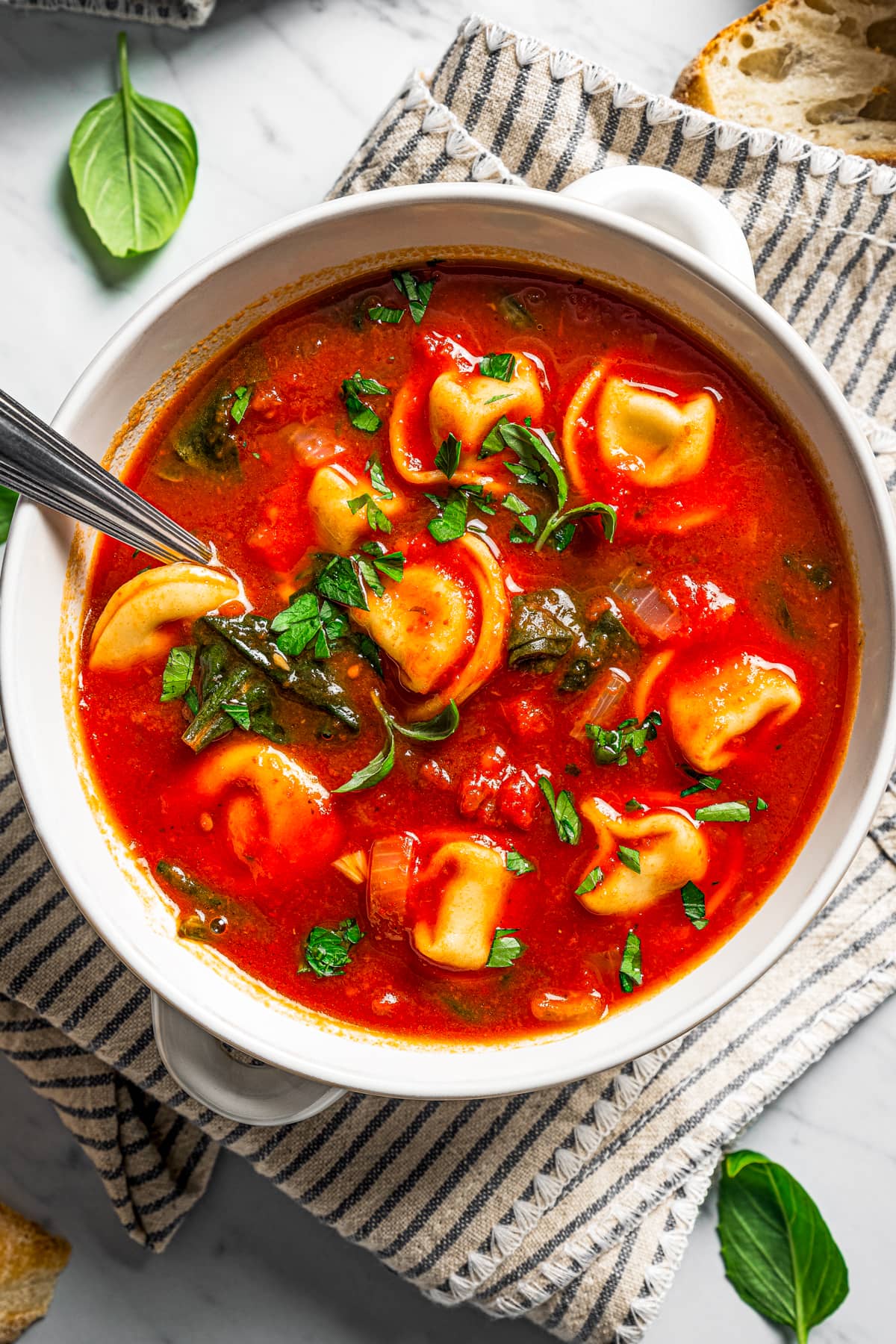 Bowl of spinach tortellini soup.