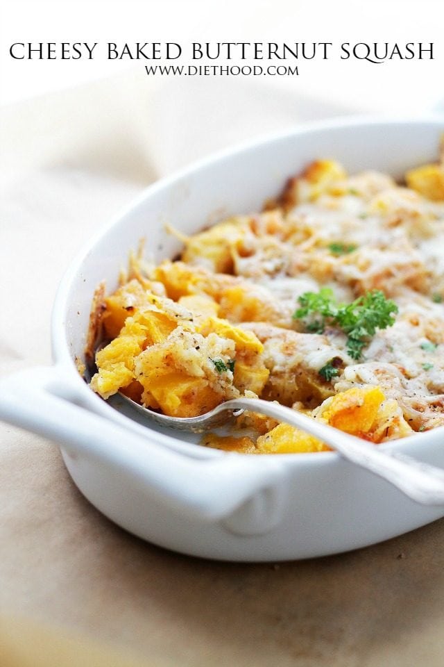 Cheesy baked butternut squash in a casserole dish.