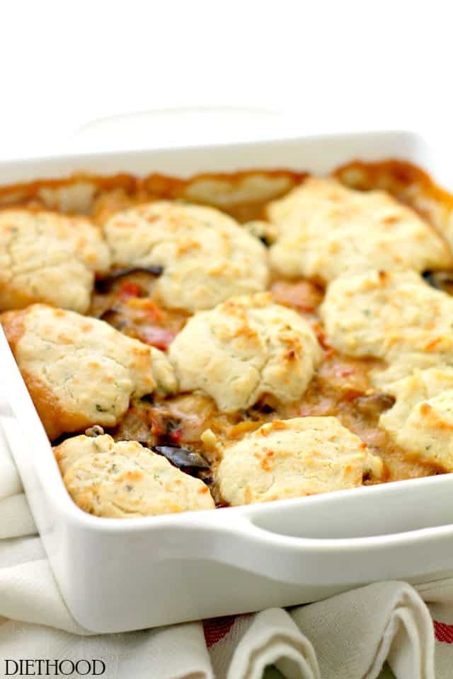 Vegetable Cobbler topped with Cheddar Biscuits in a baking dish