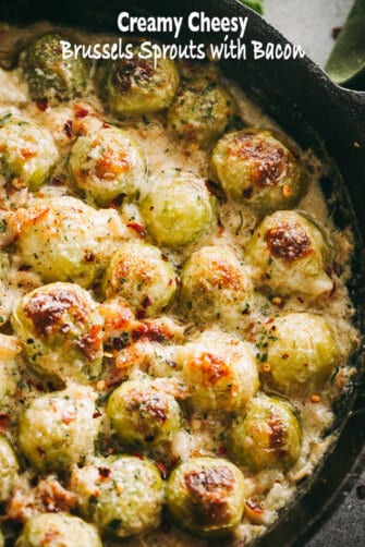Cheesy Brussels Sprouts with Bacon title card featuring a close up of roasted Brussels sprouts covered in cheese sauce.