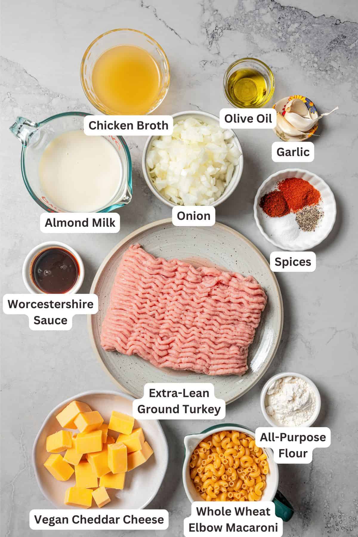 Homemade Hamburger Helper ingredients with text labels overlaying each ingredient.