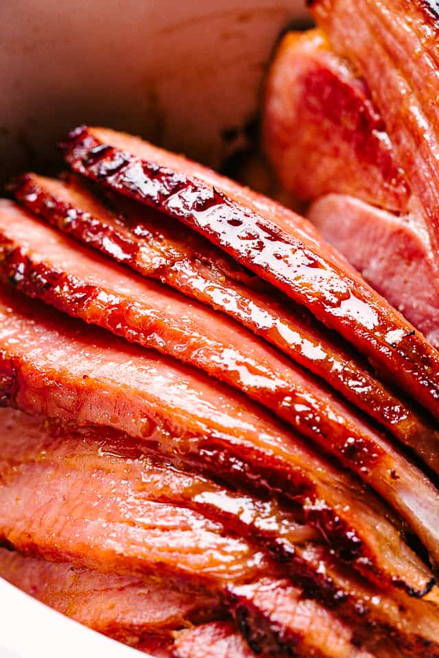 Close up of spiral cut honey glazed ham slices.