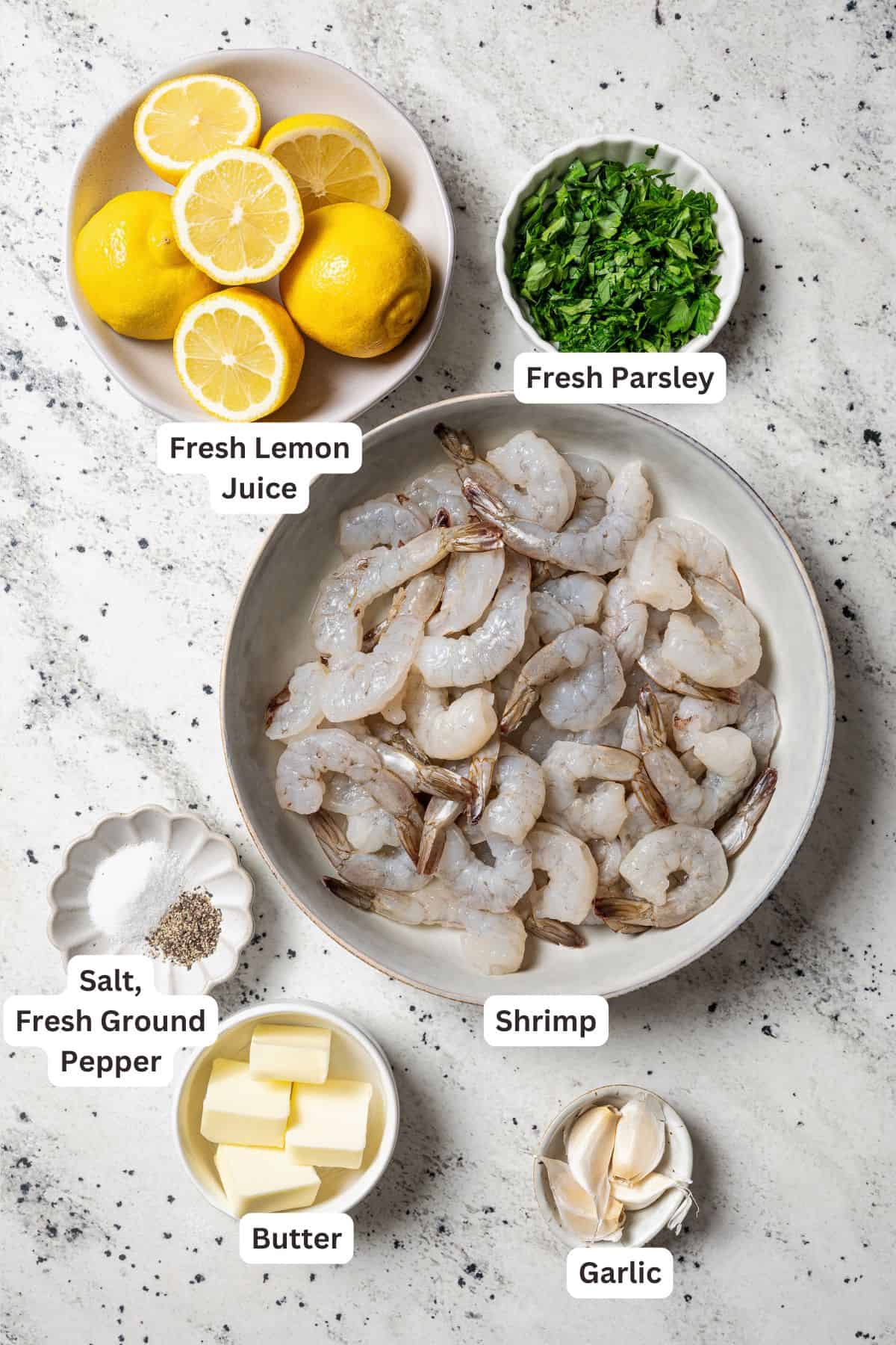 Lemon garlic shrimp ingredients with text labels overlaying each ingredient.