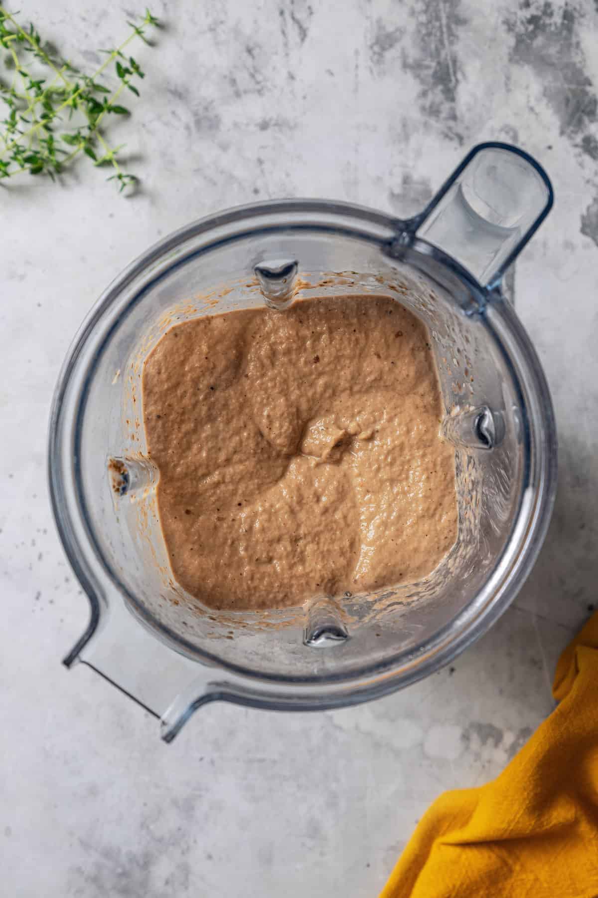 Blended mushroom soup mixture inside the blender.