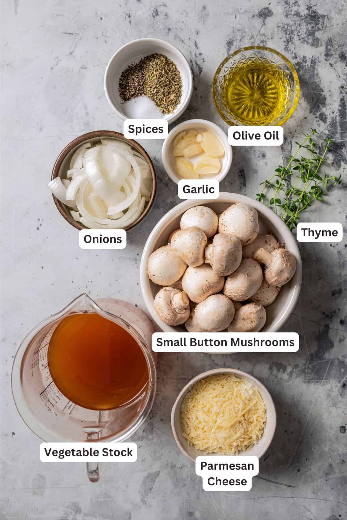 Creamy mushroom soup ingredients with text labels overlaying each ingredient.