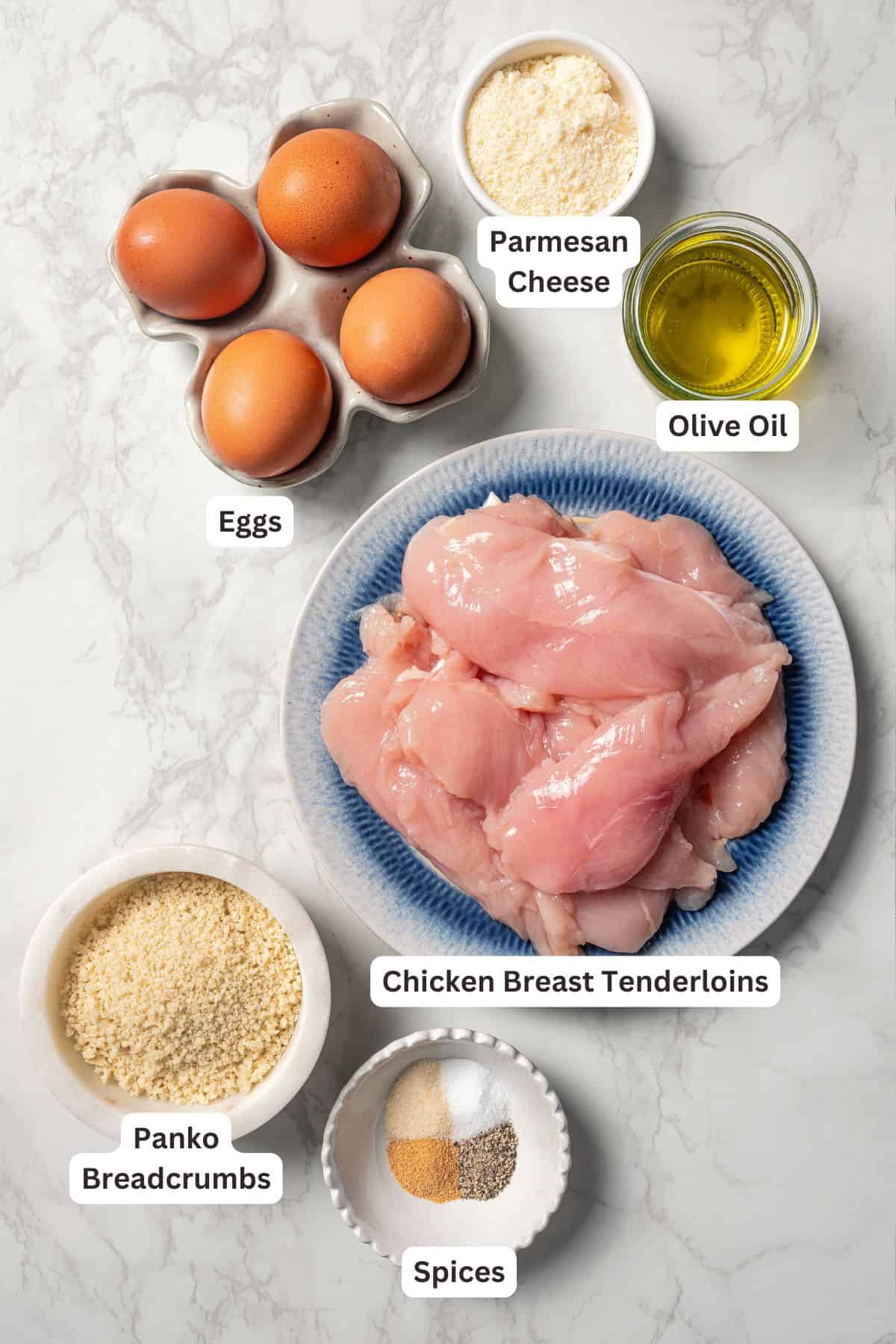 Ingredients for parmesan chicken tenders with text labels overlaying each ingredient.