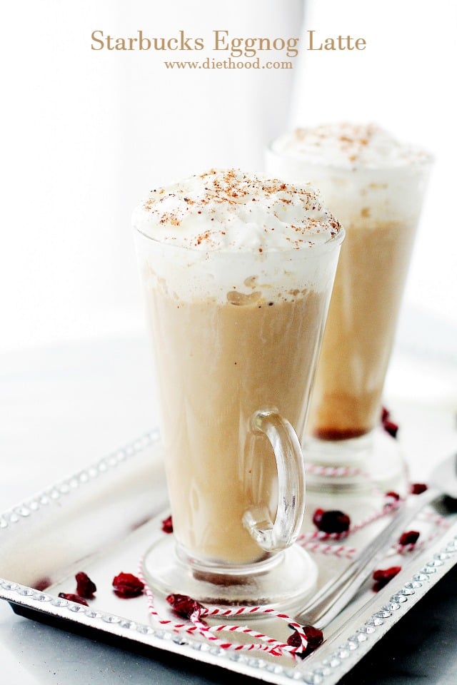 Starbucks Eggnog Latte in glass coffee mugs with handles