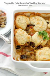 Vegetable Cobbler with Cheddar Biscuits | www.diethood.com | Chunks of delicious vegetables topped with soft and cheesy cheddar biscuits.