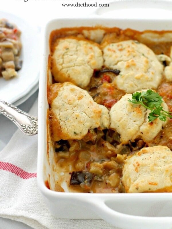 Vegetable Cobbler with Cheddar Biscuits | www.diethood.com | Chunks of delicious vegetables topped with soft and cheesy cheddar biscuits.