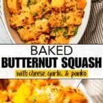 Cheesy baked butternut squash Pinterest image.