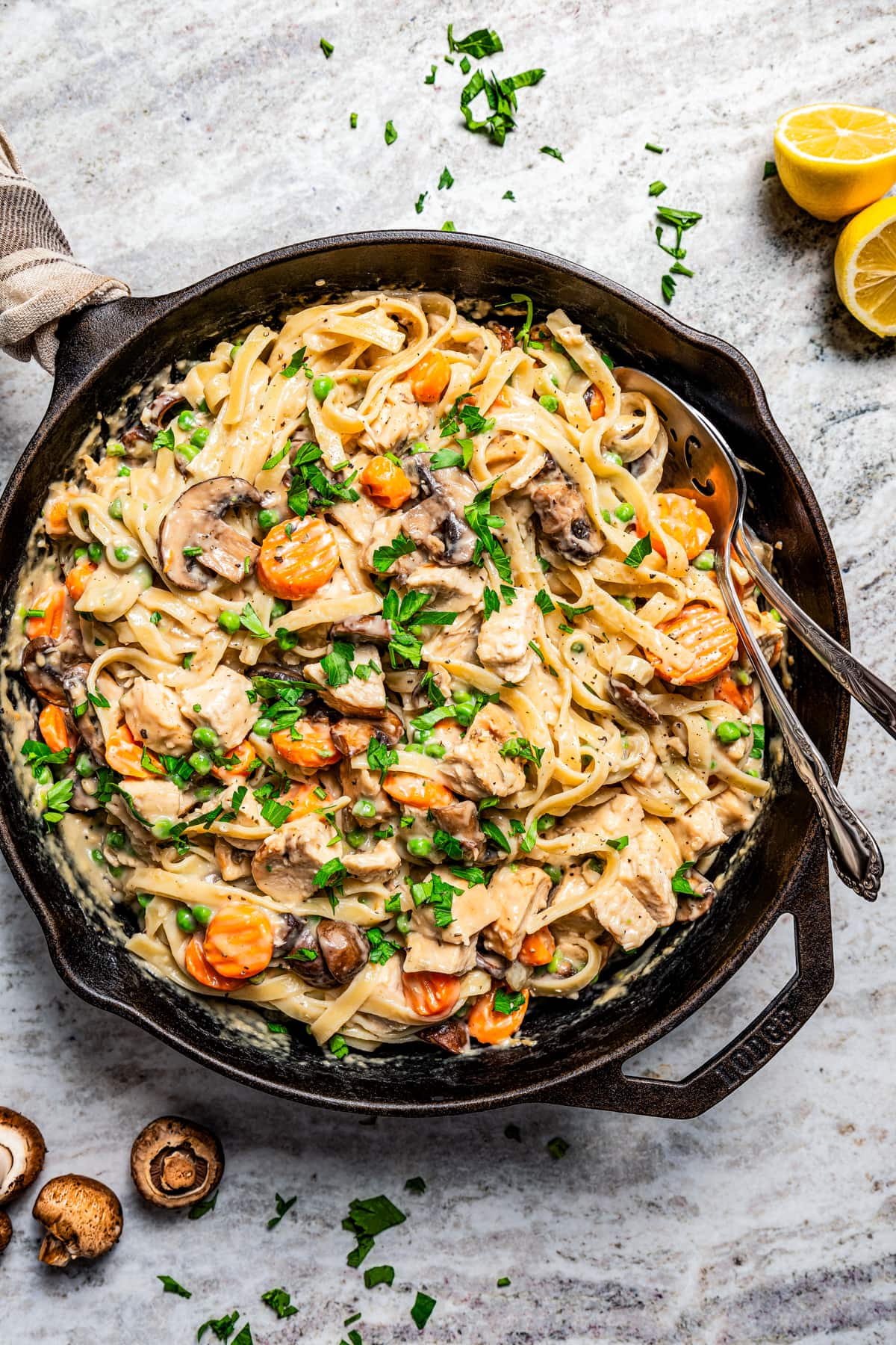Overhead image of a cast iron skillet filled with pasta and turkey chunks in a creamy sauce.
