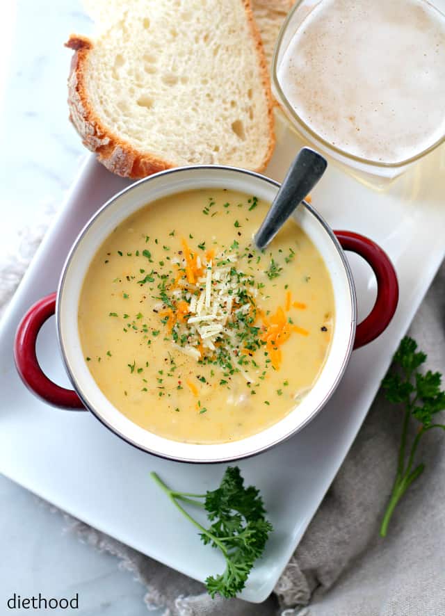 Beer & Cheddar Cheese Soup in a soup bowl