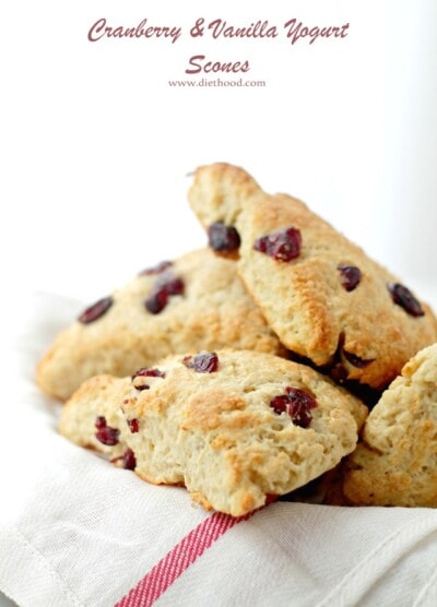 Cranberry and Vanilla-Yogurt Scones | www.diethood.com | Lightened-up, no-butter, sweet Scones made with a delicious vanilla yogurt and ruby red cranberries.