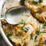 Garlic Sauce Chicken - Pan-seared chicken thighs prepared with an incredible wine and garlic sauce.