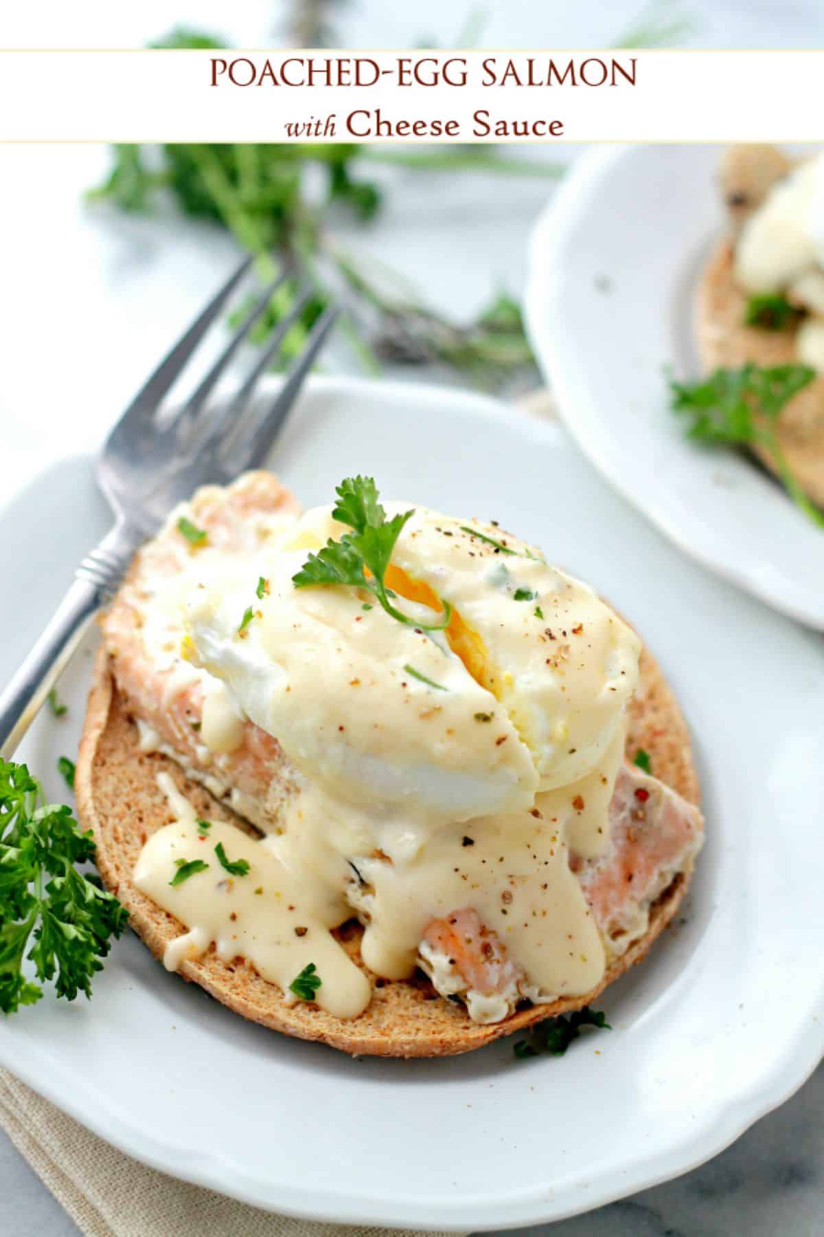 A fillet of salmon topped with a poached egg, cheese sauce, a sprinkling of pepper, and a sprig of parsley.