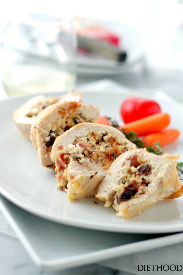 Goat Cheese, Bacon and Raisins Stuffed Chicken Breasts | www.diethood.com | Elegant, yet super easy recipe for chicken breasts stuffed with a delicious mixture of goat cheese, bacon, raisins and nuts.