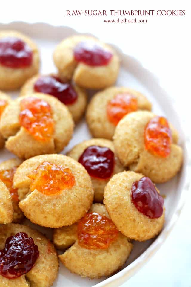 Raw-Sugar Thumbprint Cookies | www.diethood.com | These beautiful and festive Cookies are made with just 3 ingredients including raw-sugar, butter and flour. Jelly, too! That's a bonus!
