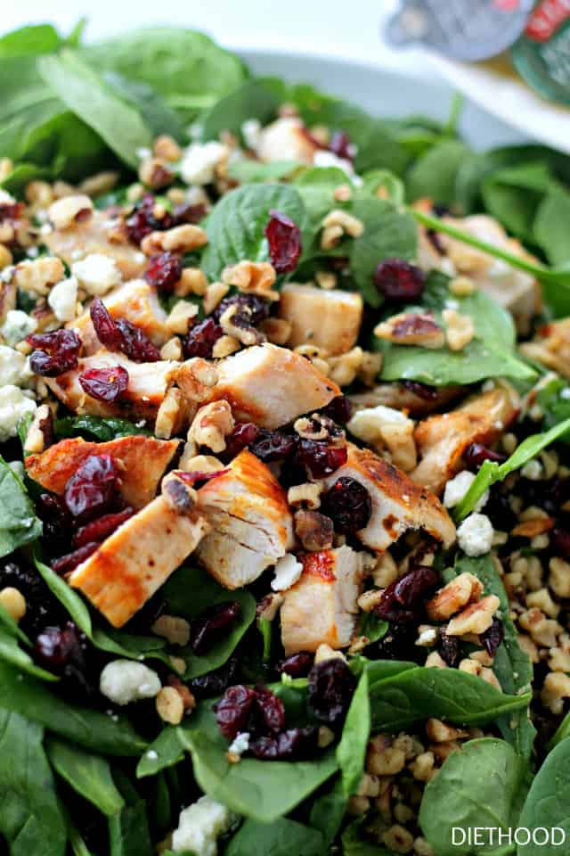 Cherry Walnut Chicken Salad | www.diethood.com | Delicious chicken salad featuring a combination of dried cherries, walnuts and baby spinach tossed with a simple oil-and-vinegar dressing.