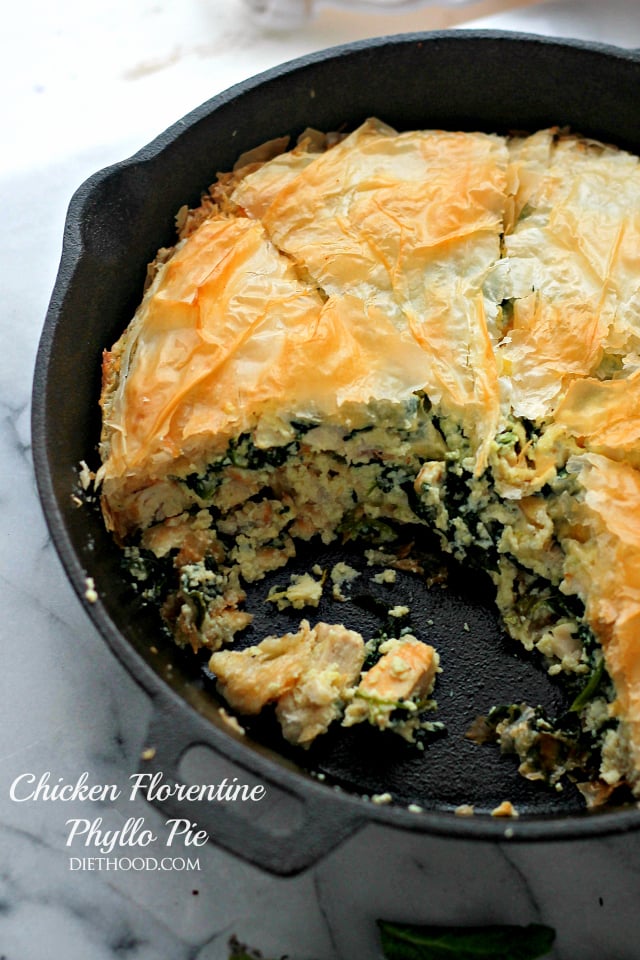 Chicken Florentine Phyllo Pie | www.diethood.com | A creamy, cheesy and delicious mixture of chicken and spinach nestled between crispy and flaky phyllo sheets. 