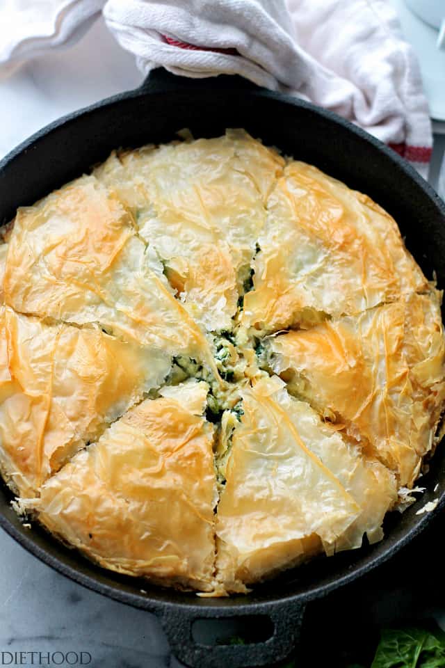 Chicken Florentine Phyllo Pie | www.diethood.com | A creamy, cheesy and delicious mixture of chicken and spinach nestled between crispy and flaky phyllo sheets. 