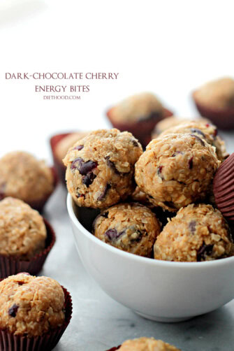 Dark Chocolate Cherry Energy Bites | www.diethood.com | Studded with dried cherries and loaded with dark chocolate chips, these healthy cookie energy bites are sweet, delicious, and incredibly easy to make! AND you don't have to bake!