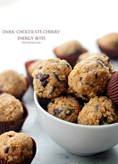Dark Chocolate Cherry Energy Bites | www.diethood.com | Studded with dried cherries and loaded with dark chocolate chips, these healthy cookie energy bites are sweet, delicious, and incredibly easy to make! AND you don't have to bake!