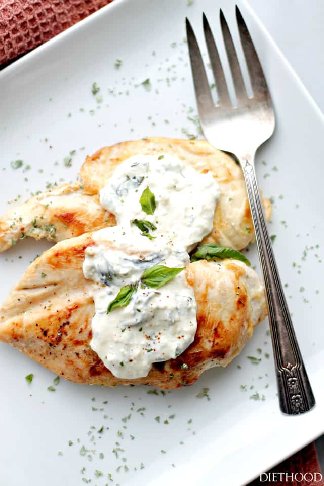 Basil-Feta Sauce Chicken | www.diethood.com | Flavorful and tangy sauce made with basil, garlic and feta cheese served over deliciously juicy chicken.