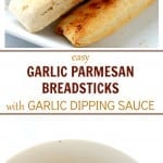 Easy Garlic Parmesan Breadsticks with Garlic Dipping Sauce | www.diethood.com | Sprinkled with Parmesan Cheese and dipped in a delicious Garlic Dipping sauce, these homemade breadsticks are not only easy to make, but they come together in just 30 minutes from start to finish!