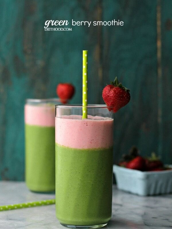 Green Berry Smoothie | www.diethood.com | Wake up to a delicious protein boost with this yogurt-based smoothie that's loaded with kale, strawberries, bananas and apples.