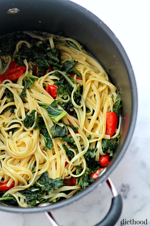 Kale and Feta Pasta in a cooking pot.