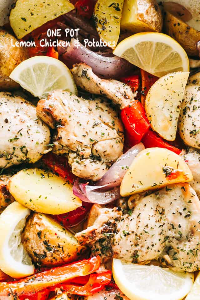 Lemon Chicken and Potatoes cooking in a skillet.