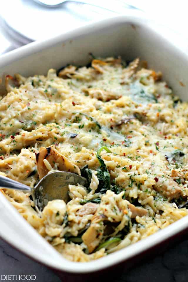 Spinach and Artichoke Pasta Alfredo Casserole | www.diethood.com | Delicious vegetarian dinner with Spinach, Artichokes and Orzo pasta mixed in a lightened-up, homemade Alfredo Sauce.