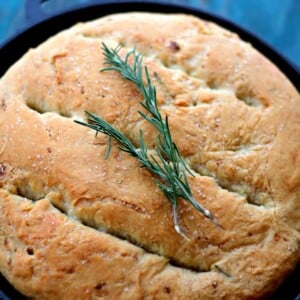 Labeled image of no knead skillet bread.