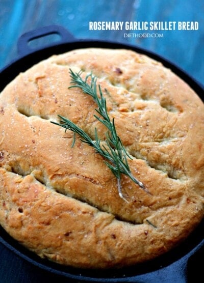 Labeled image of no knead skillet bread.