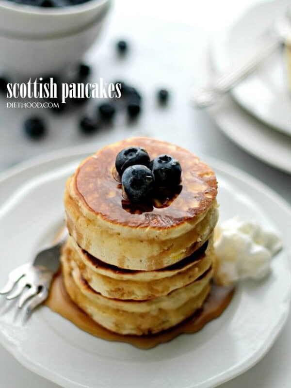 Scottish Pancakes | www.diethood.com | Sweet, fluffy, delicious pancakes served with honey and berries.