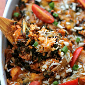 Spoonful of chicken and wild rice casserole.