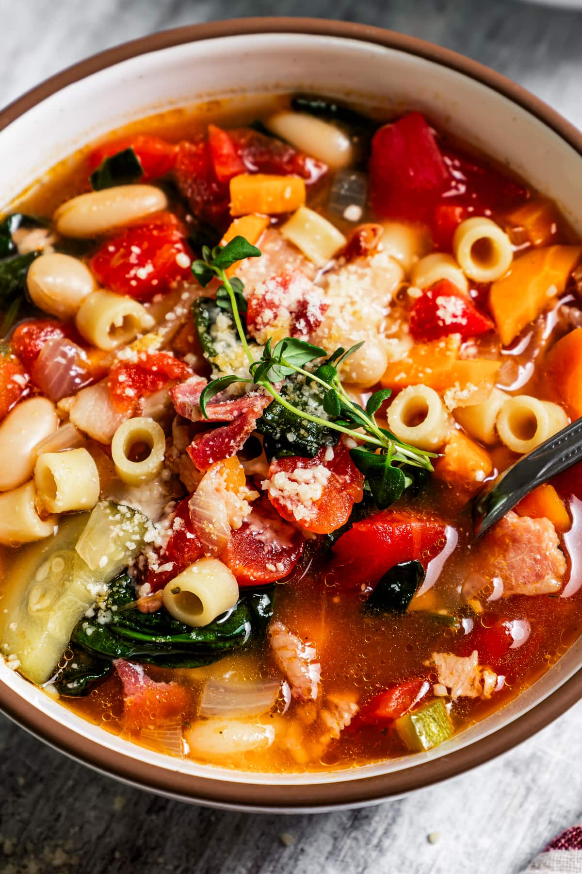 Close-up of a bowl of minestrone soup with a spoon.